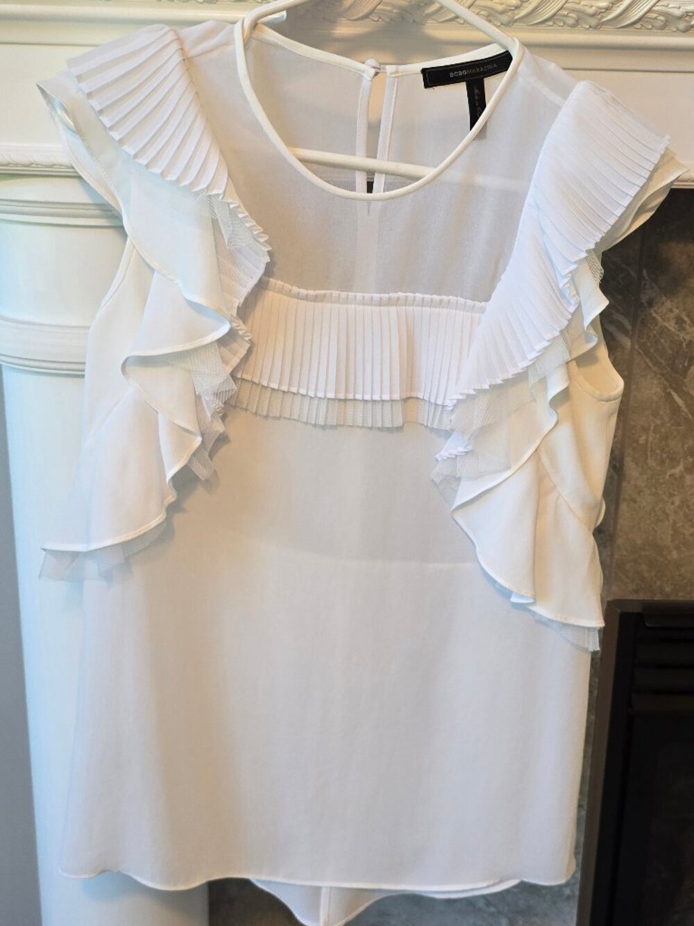 BCBGMAXAZRIA Katrina Ruffled Cutout Blouse semi sheer chiffon in xxs